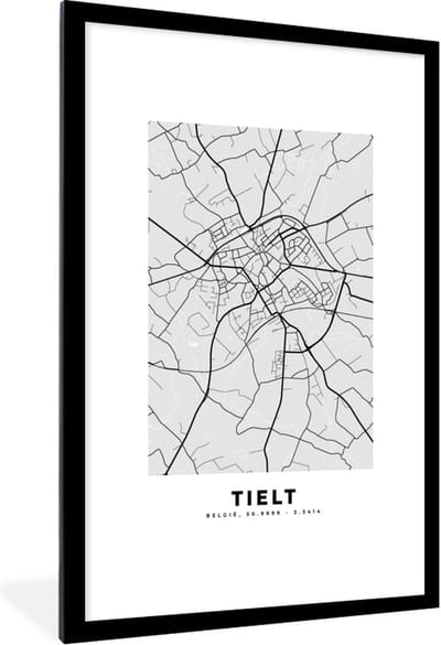 Fotolijst incl. Poster Zwart Wit- Zwart Wit – België – Plattegrond – Stadskaart – Kaart – Tielt - 80x120 cm - Posterlijst