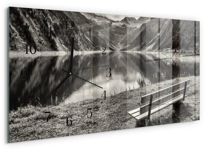 Tulup Wandklok - Vreedzame bergen Wandklok Glas Met Motief - 60x30 cm - Zwart-wit Decoratieve Glazen Klok - Zwarte Handen - Rechthoekige Wandklok - Wandklok Glas Decoratie - Gekleurde Glazen Klok
