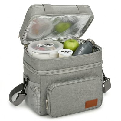 Lomera Koeltas - Lunchtas - Geïsoleerd - Opvouwbaar - Picknicktas - Thermotas - Koeltasje voor Volwassenen - Schoudertas - Coolerbag - Lunch Bag - Isolatietas voor Werk - Dubbel Compartiment - Waterafstotend - Lunchbox - Grijs