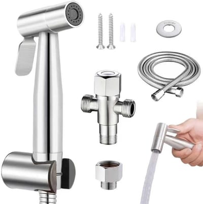 Bidet Handdouche Set met Diverterklep van 1/2 naar 3/8 Inch - Hoge Druk Bidet Spuit voor Toilet, Eenvoudige Installatie, Inclusief Slang en Bevestiging voor Hygiënisch Gebruik