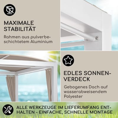 Dubbele Ligstoel met Dak 208x189x216 cm – 2 Persoons XL Tuinbed met Verstelbare Rugleuning & Gordijnen, Waterdicht Outdoor Loungebed, Stalen Frame – Beige – Laura