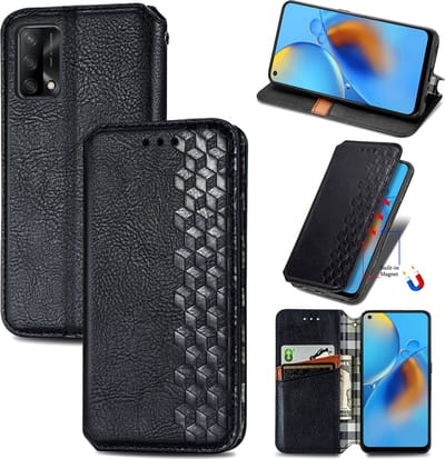 Luxe PU Lederen Ruitpatroon Wallet Case + PMMA Screenprotector voor OPPO A74 4G _ Zwart