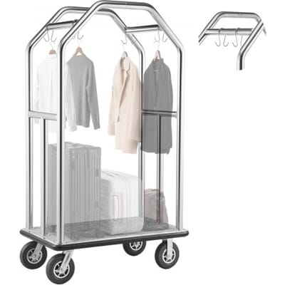 VEVOR roestvrijstalen hotelbagagewagen, 680,39 kg zware bagagewagen met 20 cm rubberen wielen, hoteltrolley met grijze tapijt- en kledingstang, commerciële bagagewagen voor hotels en resorts, zilverkleurig