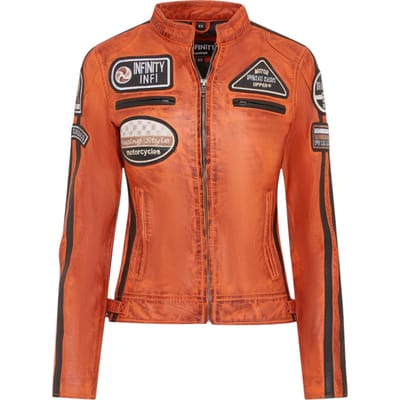 Dames oranje leren bikerjack met racebadges - Agadir