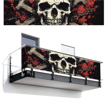 Balkonscherm 500x120 cm - Balkonposter Schedel - Kettingen - Rood - Balkon scherm decoratie - Balkonschermen - Balkondoek zonnescherm
