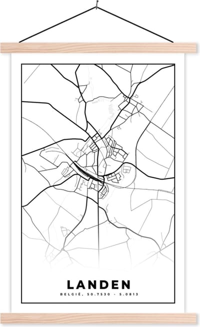 Posterhanger incl. Poster 40x60 cm - Schoolplaat - Plattegrond – Landen – Zwart Wit – Stadskaart - Kaart - België - Textielposter - Blanke latten - Stadskaart
