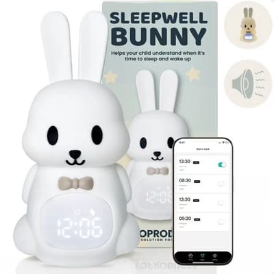 Slaaptrainer Kinderen - 4 In 1 Met App & White Noise - Kinderwekker - Slaapwekker – Dimbaar Nachtlampje - Sleepwell Bunny