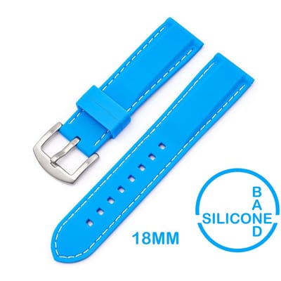 Rubber Siliconen horlogeband - Geschikt voor o.a. op o.a Casio Seiko Citizen en alle andere merken – Universeel – 18MM – Licht Blauw met Witte stiksels