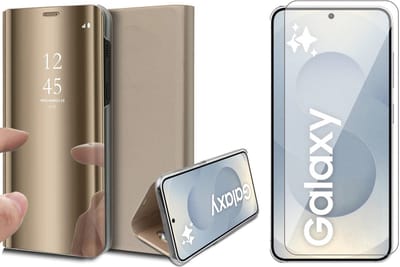 Hoesje geschikt voor Samsung Galaxy S25 - Screenprotector Glas - Spiegel Book Case Goud