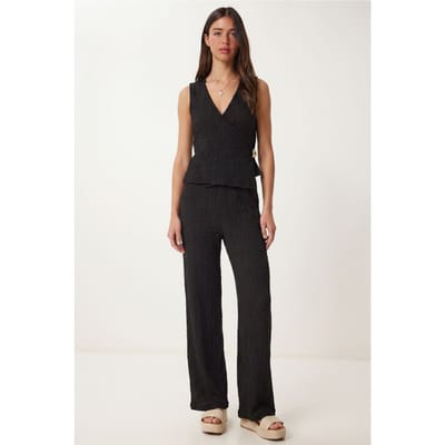 Gestructureerde V-hals Hoge Taille Co-Ord Set met Wijde Pijpenbroek