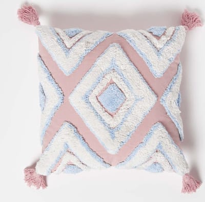 Homescapes Blauw Roze Getuft Kussen 45 x 45 cm - Boho Kussen met Kwastjes, Geometrisch