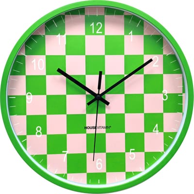 Housevitamin- Klok - Wandklok - Geblokt Patroon - Groen/Roze - 34x34x4cm