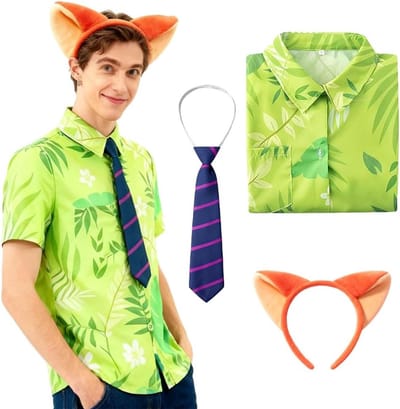 Carnaval Kostuum Set met Groene T-Shirt, Paarse Stropdas en Hoofdband voor Halloween, Cosplay en Feestjes (M)