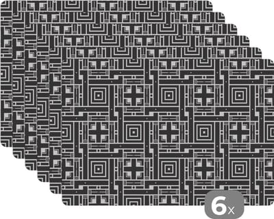 Placemat - Placemats kunststof - Geometrie - Patroon - Zwart - 45x30 cm - 6 stuks - Hittebestendig - Anti-Slip - Onderlegger - Afneembaar
