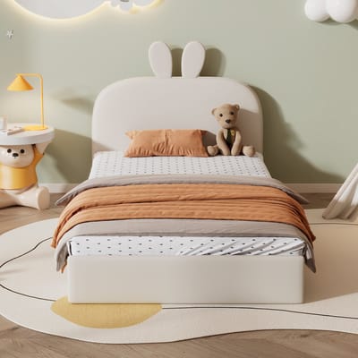HAUSS SPOLE Gestoffeerd Kinderbed 90x200cm - Zonder Matras - Eenpersoonsbed Met Konijnen Hoofdbord - Met Houten Lattenbodem - Voor Kinderkamer - Fluweel - Beige