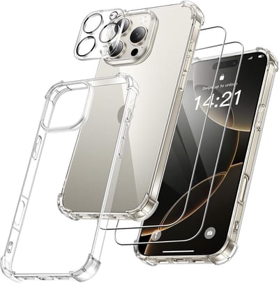 Militaire KKG schokbestendige hoesje met 2 Gehard Glazen Schermbeschermers en 1 cameralensbeschermer - Anti-schok hoesje Geschikt voor: iPhone 16 Pro Max - transparant
