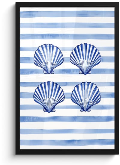 Poster in lijst - Fotolijst 40x60 cm - Posters - Vier schelpen - Blauw - Wit - Strepen - Posterlijst zwart - Decoratie - Wanddecoratie woonkamer - Muurdecoratie slaapkamer