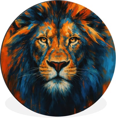 WallCircle - Wandcirkel - Muurcirkel - Schilderij - Leeuwenkop - Oranje - Aluminium - Dibond - 30x30 cm - Binnen en Buiten