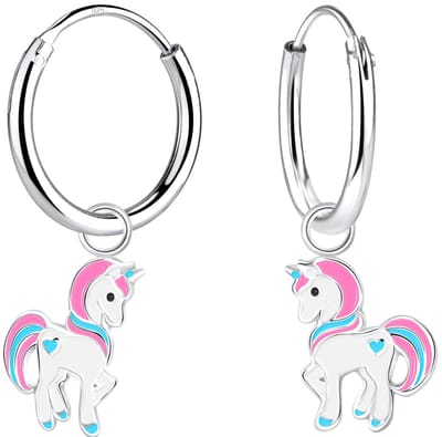 Joy|S - Zilveren pony oorbellen - eenhoorn oorringen - unicorn pastel roze wit