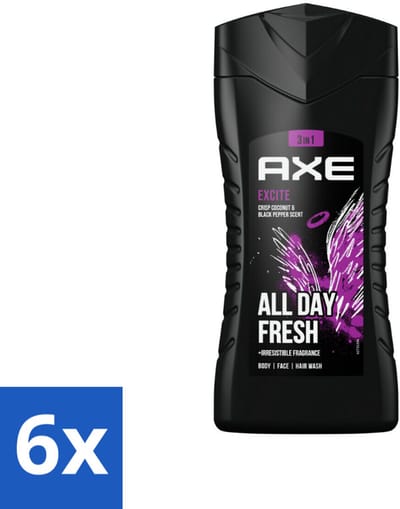 6 x AXE - 3-in-1 Douchegel - Excite - Lichaam, Gezicht & Haar - Verleidelijke Geur - 250 ml - 3-in-1 Douchegel - Mannelijke Geur - Kokosnoot Geur - Zwarte Peper Geur - Langdurige Frisheid
