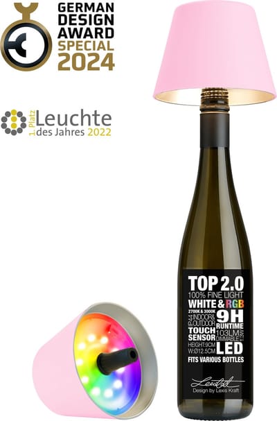 Sompex Flessenlamp " TOP " met houdbare kurk| 2.0 Led| Roze - indoor / outdoor - oplaadbaar | RGB