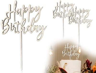 Dailygoods- Taarttopper Happy Birthday - Set van 2 - Houten Taartdecoratie - Verjaardagstaartdecoratie - Duurzaam Materiaal - 15 x 20 cm