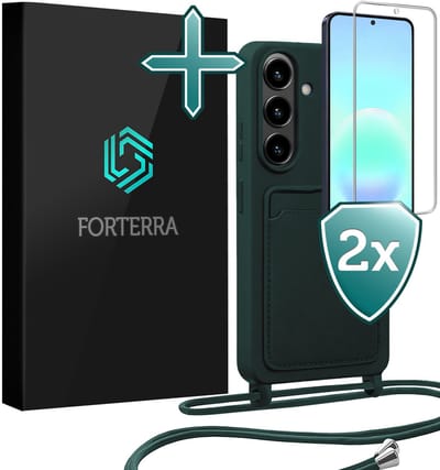 Hoesje Geschikt voor Samsung A57 Case Siliconen Hoes Met Koord Met 2x Screenprotector - Hoes Geschikt voor Samsung Galaxy A57 Met Telefoonkoord Hoesje Backcover - Donkergroen