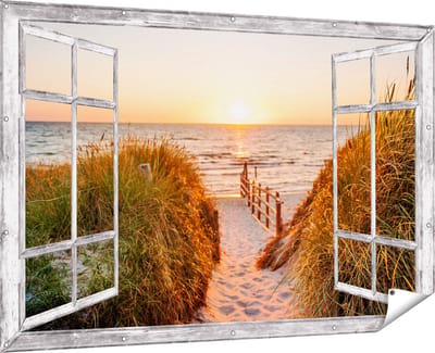 Gards Tuinposter Doorkijk Voetpad in de Duinen met Zonsondergang - 180x120 cm - Tuindoek - Tuindecoratie - Wanddecoratie buiten - Tuinschilderij