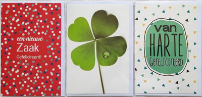 3 Wenskaarten - Een Nieuwe ZAAK Gefeliciteerd + Klavertje 4 + Van Harte Gefeliciteerd - 12 x 17 cm – PAND-301