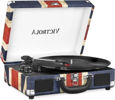 Draagbare Vintage Koffer Draaitafel Vinyl BT Flag UK