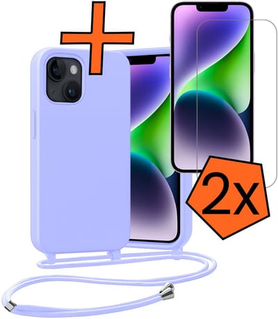 Hoesje Geschikt voor iPhone 13 Mini Hoes Met Telefoonketting Met 2x Screenprotector - Backcover Geschikt voor iPhone 13 Mini Case Met Koord - Lila
