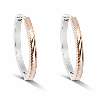Stalen dames oorringetjes - 2 kleuren two-tone design - zilverkleurig en rose gold - 20mm - relief - klapsluiting - stainless steel
