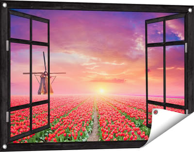 Gards Tuinposter Doorkijk Rode Rozen Bloemenveld met een Windmolen - 90x60 cm - Tuindoek - Tuindecoratie - Wanddecoratie buiten - Tuinschilderij