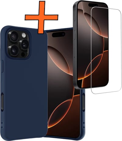 Hoes - Met Screenprotector - Geschikt voor Apple iPhone 16 Pro - Sterk & Shockproof - Back Cover - Siliconen Case - Telefoon Hoes - Donkerblauw