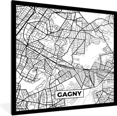 Fotolijst incl. Poster Zwart Wit- Stadskaart - Frankrijk - Gagny - Kaart - Plattegrond - Zwart wit - 40x40 cm - Posterlijst