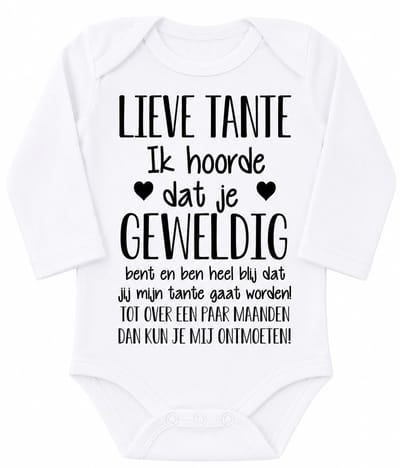 Baby rompertje met tekst | Lieve Tante Ik hoorde dat je geweldig bent en ben heel blij dat jij mijn tante gaat worden! ontmoeten! | lange mouw | maat 50-56 | aankondiging bekendmaking zwangerschap cadeau voor de liefste aanstaande