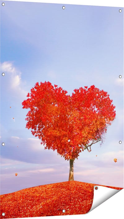 Gards Tuinposter Rode Liefde Boom in een Hart Vorm - 80x120 cm - Tuindoek - Tuindecoratie - Wanddecoratie buiten - Tuinschilderij
