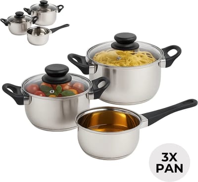 Lomera 5-Delige Pannenset - Roestvrij Staal - Geschikt voor Alle Warmtebronnen - Snelle Warmtegeleiding - Met Maataanduiding - Kookpan met Deksel - Steelpan - Starterset - Voor op de Camping - Voor de Student - Inductie Geschikt