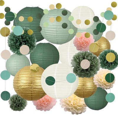 Thijox - 23 Stuks Papieren Lampions Set Salie Groen en Goud - Ronde Lantaarns voor Bruiloft, Verjaardagsfeesten, Tuinfeesten - Saliegroen Decoratie vo