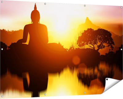 Gards Tuinposter Silhouet van Boeddha Beeld met Zonsondergang - 150x100 cm - Tuindoek - Tuindecoratie - Wanddecoratie buiten - Tuinschilderij