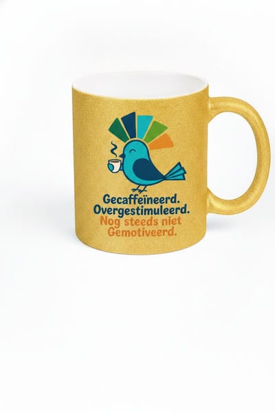 Grappige Koffiemok met Tekst 'Gecaffeïneerd, Overgestimuleerd, Nog Steeds Niet Gemotiveerd' – Retro Vogel – Glitter Mok Goud – Cadeau Collega – Keramiek 330 ml