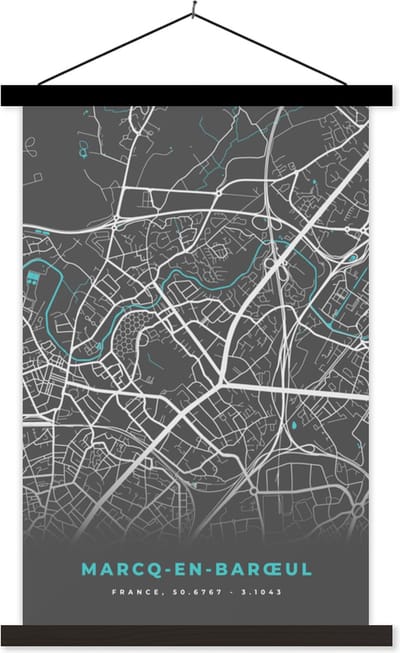 Posterhanger incl. Poster 40x60 cm - Schoolplaat - Marcq-en-Barœul - Stadskaart - Kaart - Plattegrond - Frankrijk - Textielposter - Zwarte latten - Stadskaart