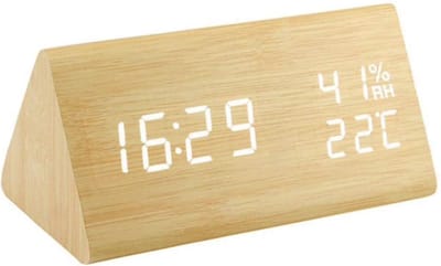 TIN-IN - Digitale Tafelklok - Bureauklok met Houtlook - Temperatuur en Luchtvochtigheidsmeter - Licht hout + Witte cijfers - Wekker - Slaapkamer en Bureau