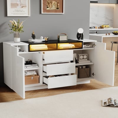 DESMIU Dressoir - Hoogglans Opbergkast Met Ledverlichting En Verstelbare Indeling - Voor Woonkamer - Spaanplaat - 140x40x68 Cm - Wit Zwart