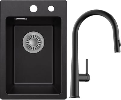 CECIPA max Spoelbak voor keuken 30x45cm - Granieten Spoelbakken Met Keukenkraan - Enkele spoelbak Zwart - Wasbak met waterafvoersysteem