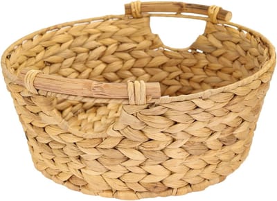 Ronde opbergmand van waterhyacint met houten handvatten, lege geschenkenmand | 30 x 12 cm, duurzaam en stijlvol voor elke ruimte