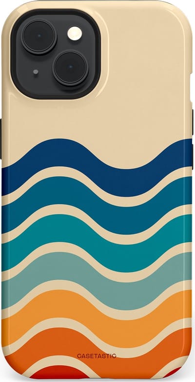 Casetastic hoesje geschikt voor Apple iPhone 15 - MagSafe - Dubbellaagse bescherming - Nostalgische golven - Fashion Case - Zand Petrol Rood Oranje