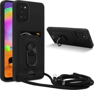 Cadorabo Telefoonketting Hoesje met standfunctie geschikt voor Samsung Galaxy A31 in ZWART - Siliconen beschermhoes met verstelbare koordband