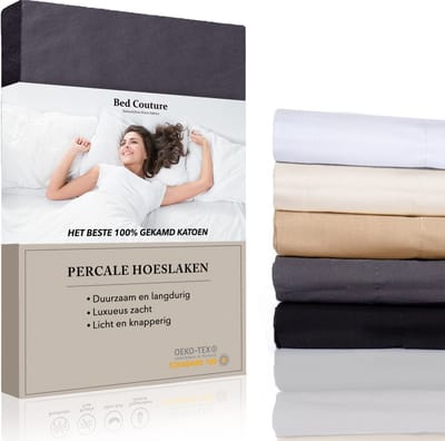 Bed Couture - Percale Hoeslaken van 100% hoogwaardig imperial weave Katoen - Eenpersoons 90x200cm - Hoekhoogte 30cm - Ultra zacht en soepel - Antraciet