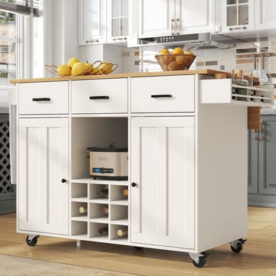 HAUSS SPOLE Keukentrolley - Multifunctioneel Met Uitklapbaar Werkblad En Handdoekhouder - 3 Laden 2 Deuren Wijnrek En Kruidenrek - MDF - 104x39.5x91.5 Cm - Wit